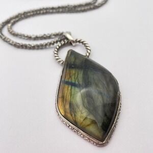 Handmade Vintage Large Labradorite Pendant Necklace Beaded Chain